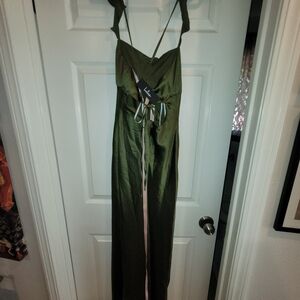 Lulu's Olive Green Satin Jumpsuit with Tie Waist